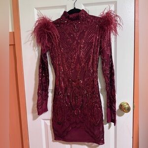 Red, sequin brocade cocktail dress